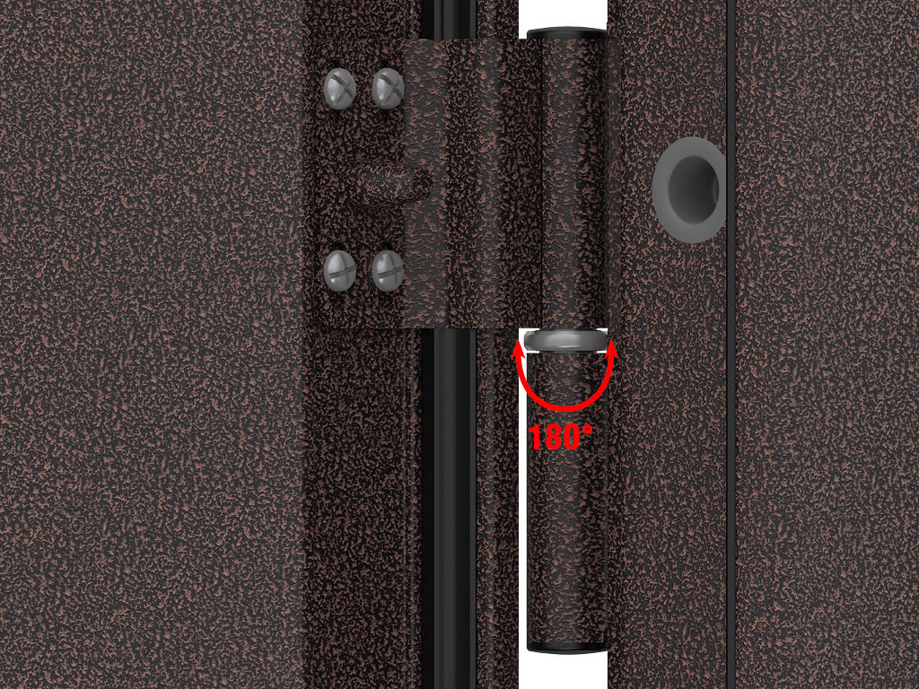 Регулируемые стальные петли из оцинкованной стали с противосъемными штырями защищают от снятия с петель и обеспечивают угол открытия двери более 180°.